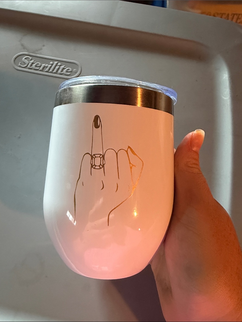 White Stainless Travel Tumbler with Gold Middle Finger Graphic